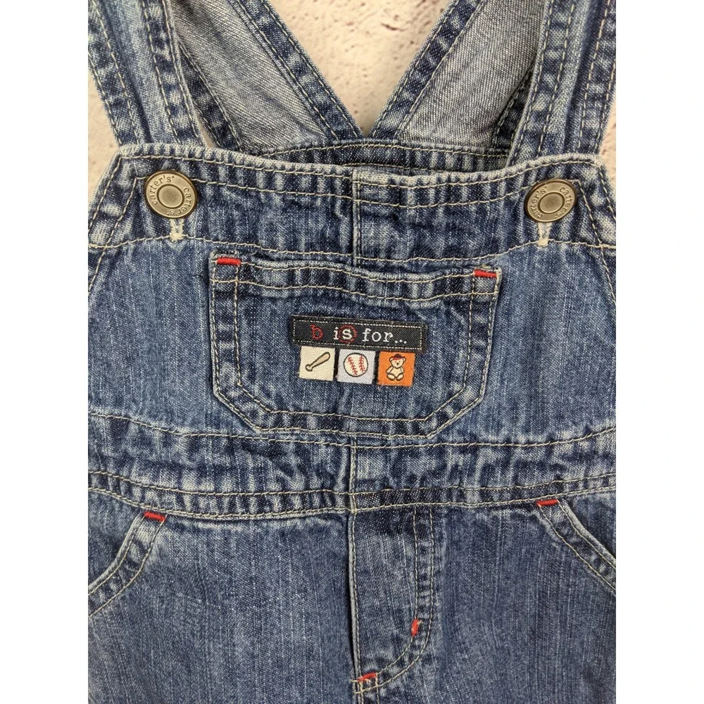 Carters Vintage Denim Overalls 6M Baseball Bear Embroidered Blue Jeans Kids